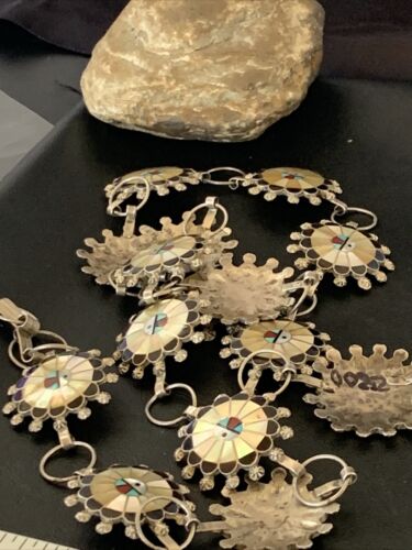 Zuni Old Pawn Sun Face Inlay Concho Belt | Sterling Silver | Native American Handmade | 40" | 12109