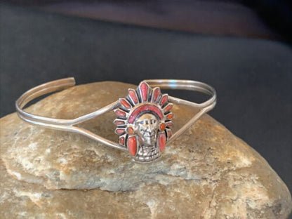 Native American Indian Head Coral Cuff Bracelet | Sterling Silver | Authentic Handmade | 1691 - Masha USA