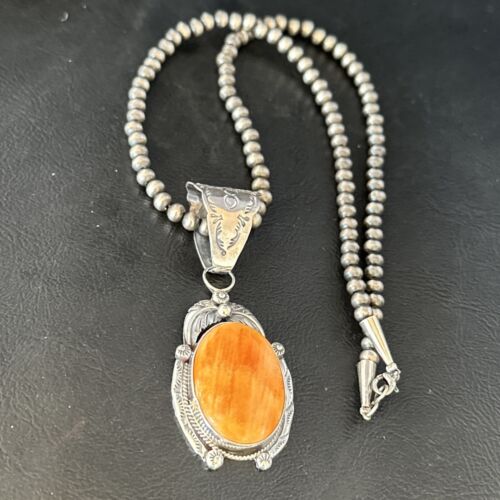 Navajo Pearls Necklace with Orange Spiny Oyster Pendant | Sterling Silver | Authentic Native American Handmade | 14720