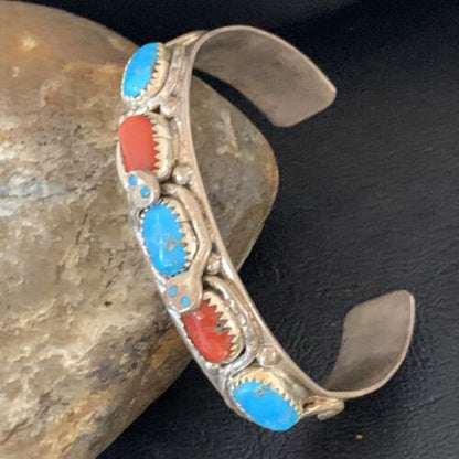 Navajo Sterling Silver Cuff Bracelet | Blue Kingman Turquoise & Coral | 5 Strand | Handmade | 12697