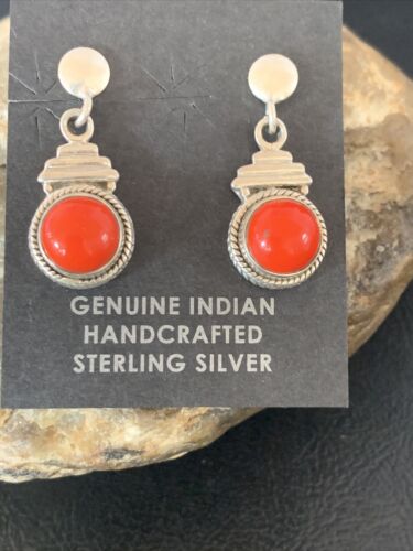 Native American Navajo Red Coral Dangle Earrings | Sterling Silver | 1" | 13113 - Masha USA