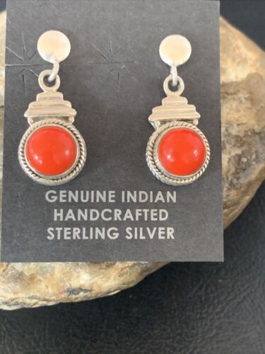 Native American Navajo Sterling Silver Dangle Red Coral Earrings 1" 13113