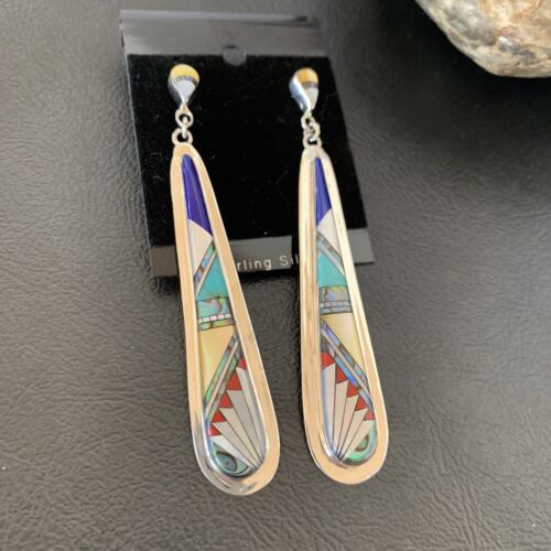 Navajo Multi-Color Turquoise Coral Mother of Pearl Inlay Earrings | Sterling Silver | 3" | 2097