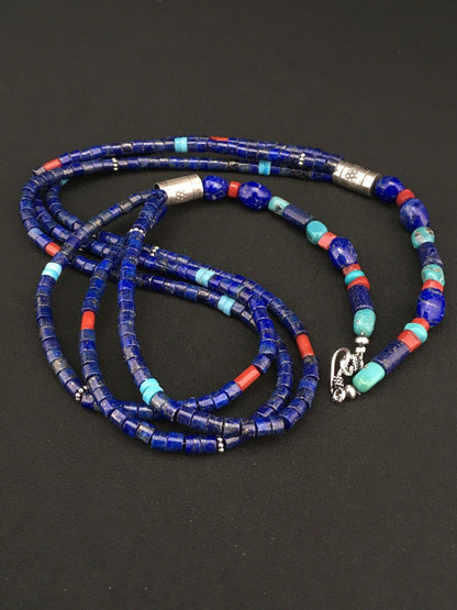 Southwestern Navajo Lapis Turquoise Necklace | 3-Strand | Sterling Silver | 24" | 1332