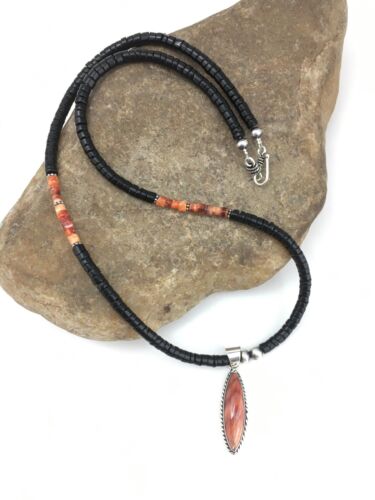 Spiny Oyster Pendant | Black Onyx Heishi | Navajo Sterling Necklace 22" | 4871