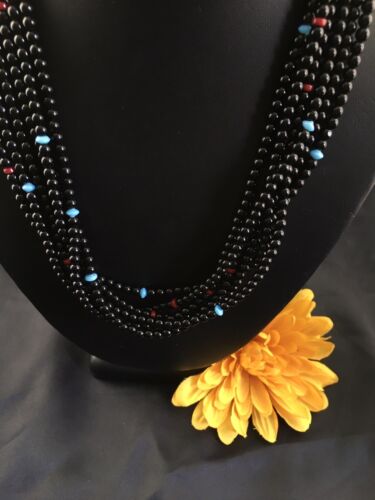 Navajo Black Onyx Coral Turquoise Bead Necklace | Sterling Silver | 18" | Authentic Native American Handmade | 10171