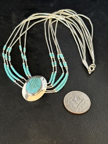 Liquid Silver Heishi 5-Strand Pendant Necklace | Sterling Silver | Turquoise | Navajo | 14820