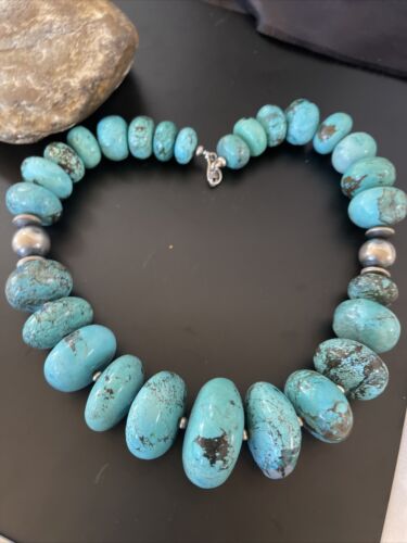Navajo Blue Turquoise Necklace | Chunky Graduated Sterling Silver Pearls | Authentic Native American Handmade | 19" | 11350 - Masha USA