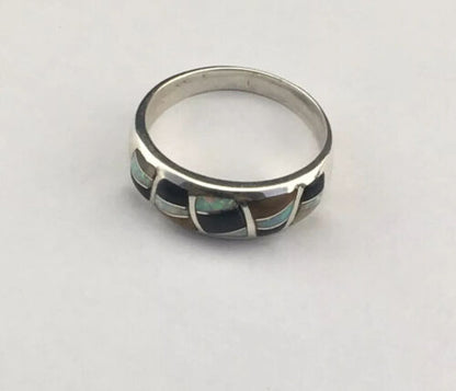 Navajo Sterling Silver Opal, Black Onyx & Tigers Eye Inlay Ring | Sz 11 | Authentic Native American Handmade | 01602