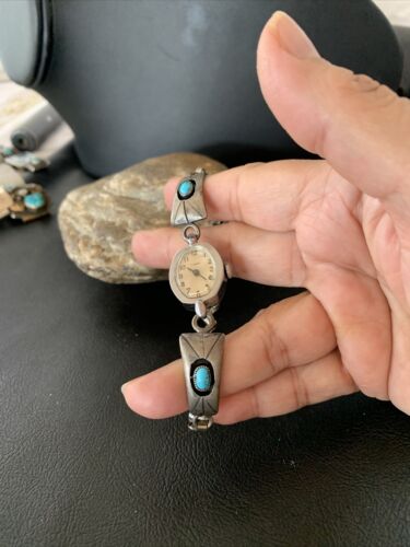 Navajo Sterling Silver Watch Tips | Old Pawn Turquoise Shadowbox | Authentic Native American Jewelry | 1449