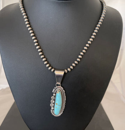 Men's Dry Creek Turquoise Pendant Necklace | Navajo Pearls | Sterling Silver | Authentic Native American Handmade | 1181