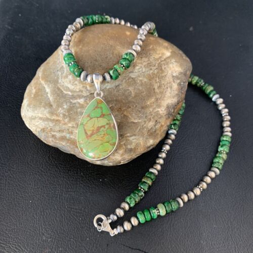 Navajo Green Mojave Turquoise Pendant Necklace | Sterling Silver | Native American Handmade | 13461