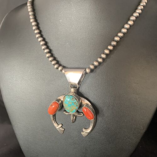 Navajo Pearl Necklace with Royston Turquoise & Coral Naja Pendant | Sterling Silver | 13644