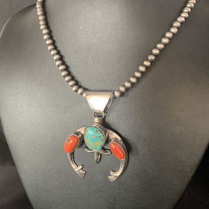 Navajo Pearl Necklace with Royston Turquoise & Coral Naja Pendant | Sterling Silver | 13644