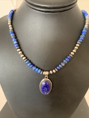 Navajo Pearls Lapis Pendant Necklace | Sterling Silver | Native American Handmade | 01775