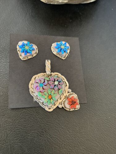 Zuni Multi-Color Opal & Mother of Pearl Necklace Pendant Earrings Set | Sterling Silver | Authentic Native American Handmade | 12560