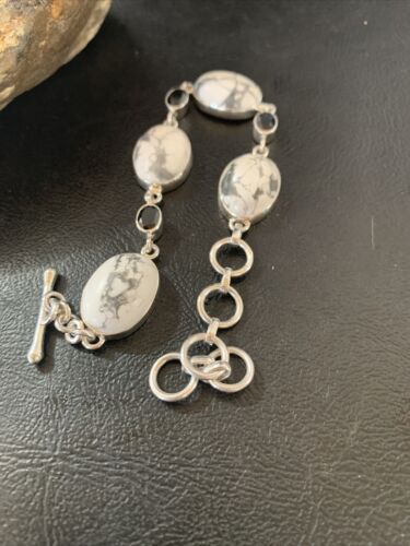 Native American Sterling Silver Smoky Quartz White Howlite Link Bracelet | 8" | 11656