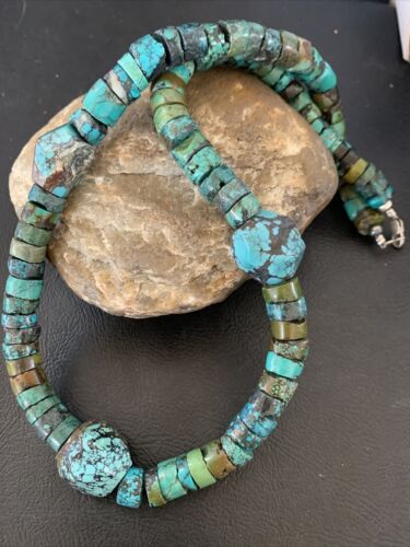 Chunky Men's Navajo Spiderweb Turquoise Heishi Necklace | Sterling Silver | 21" | 124504 - Masha USA