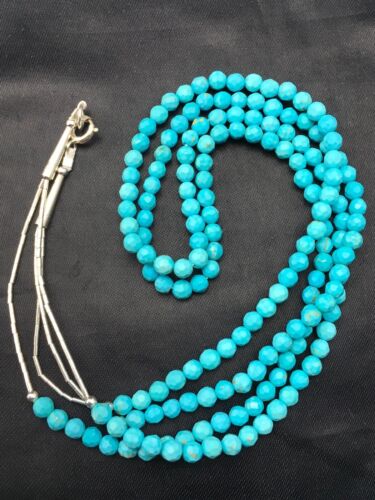 Navajo Blue Turquoise Faceted Bead Necklace | 2 Strand Liquid Sterling | Authentic Native American Handmade | 4368