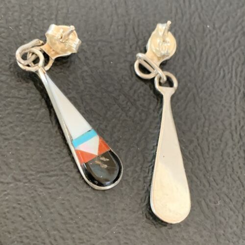 Old Pawn Zuni Multi-Color Turquoise Onyx Inlay Earrings | Sterling Silver | Authentic Native American Handmade | 2043