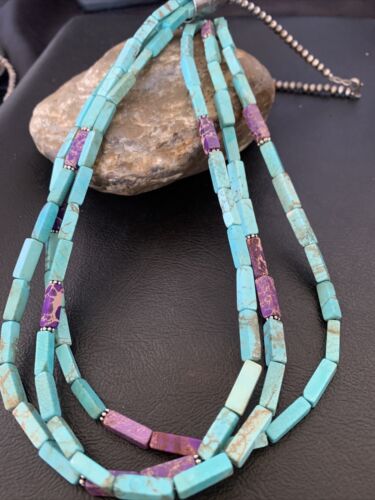 Navajo Blue Turquoise Jasper Bead Necklace | 3-Strand Sterling Silver | 24" | Authentic Native American Handmade | 12512