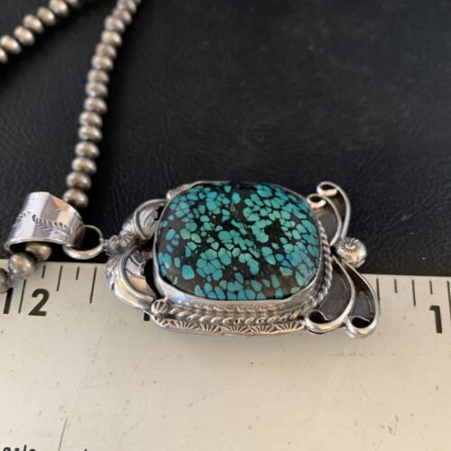 Men's Navajo Blue Spiderweb Turquoise Pendant Necklace | Sterling Silver | Authentic Native American Handmade | 14203