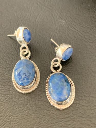 Navajo Denim Lapis Dangle Earrings | Sterling Silver | 1.1" | Authentic Native American Handmade | 1702