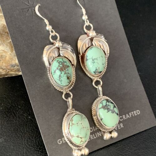 Navajo Green Spiderweb Turquoise Dangle Earrings | Sterling Silver | Authentic Native American Handmade | 13553