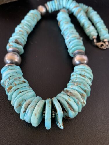 Authentic Native American Navajo Sterling Silver Necklace | Natural Turquoise #8 | Graduated Design | 28" | 13212