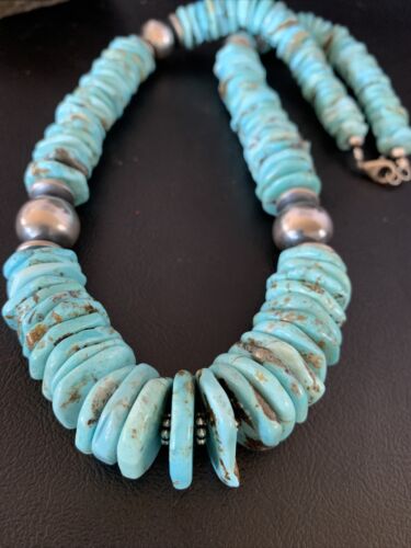 Authentic Native American Navajo Sterling Silver Necklace | Natural Turquoise #8 Graduated | 28" | 13211