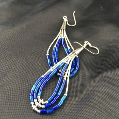 Handmade Liquid Silver Heishi Dangle Earrings | Dark Blue Lapis Tub | 2.25" | 2013