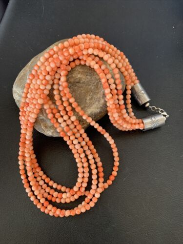 Southwestern Navajo Pink Coral Bead Necklace | 5 Strand | Sterling Silver | 22" | 12509 - Masha USA