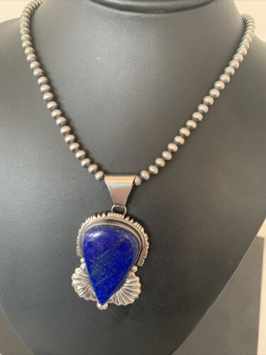 Native American Men's Navajo Pearls Necklace Pendant | Sterling Silver Blue Lapis | 1539