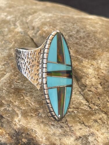 Navajo Multi-Color Opal & Turquoise Inlay Ring | Sterling Silver | Sz 7 | Authentic Native American Handmade | 1579