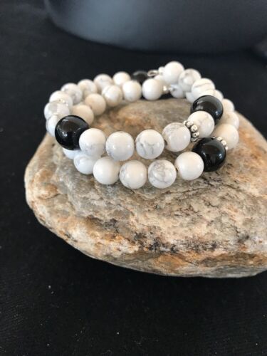 Navajo White Howlite Turquoise Onyx Bead Bracelet | Sterling Silver | Authentic Native American Handmade