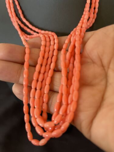 Navajo Pink Coral 5-Strand Necklace | Sterling Silver Barrel Beads | 22" | Authentic Native American | 10436