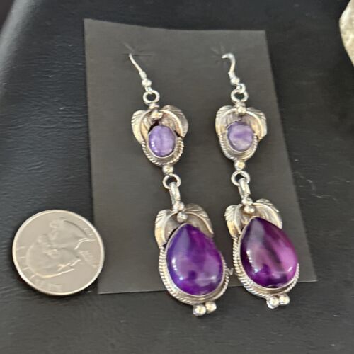 Navajo Purple Sugilite Dangle Earrings | Sterling Silver | 2" | Authentic Native American Handmade | 14401