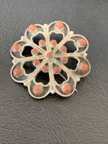 Old Pawn Zuni Sterling Silver Turquoise Red Coral Brooch Pin | 1.25" | 12558