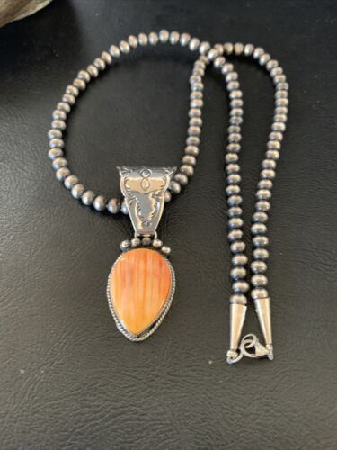 Navajo Orange Spiny Oyster Pendant Necklace | Sterling Silver | Authentic Native American Handmade | 13080