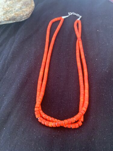 Navajo Apple Coral Tube Heishi Bead Necklace | 2 Strand | Sterling Silver | Authentic Native American Handmade | 4700