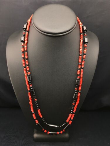 Southwestern Red Coral & Onyx 2-Strand Necklace | Navajo Sterling Silver | Authentic Native American Handmade | 4523