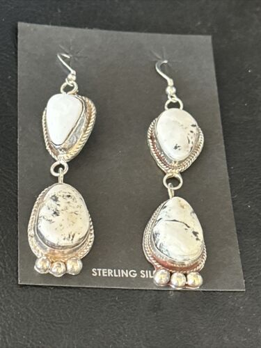 Navajo White Buffalo Turquoise Dangle Earrings | Sterling Silver | 2.5" | Authentic Native American Handmade | 14800