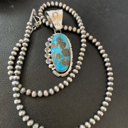 Navajo Pearls Necklace with Blue Kingman Turquoise Pendant | Sterling Silver | Authentic Native American Handmade | 10766