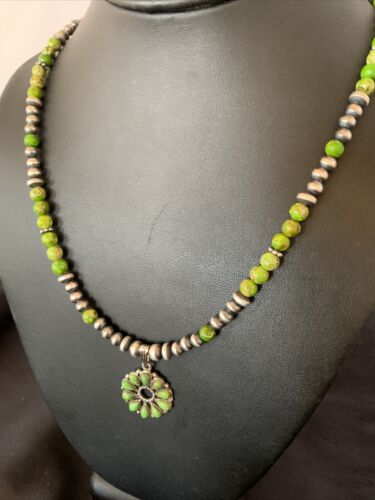 Navajo Green Gaspeite Turquoise Multi-Stone Pendant | Authentic Native American Sterling Silver | 12264