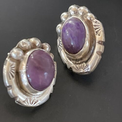 Navajo Sugilite Earrings | Sterling Silver Post Stud | Authentic Native American Handmade | 0.5" | 2070