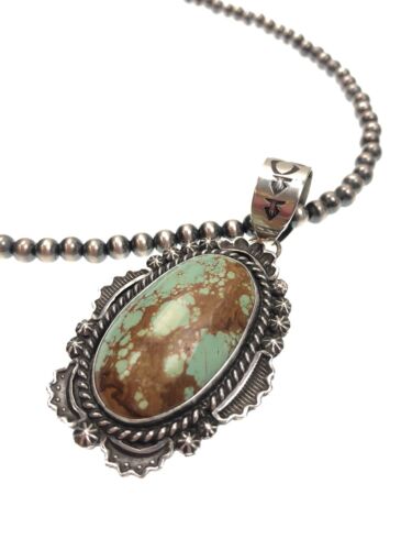 Navajo Pearls Sterling Silver Necklace with Blue Turquoise #8 Pendant | Authentic Native American Handmade | 11298