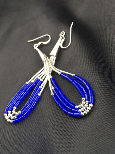 Native American Handmade Sterling Silver Heishi Dangle Earrings Set | Blue Lapis | 2" | 1961