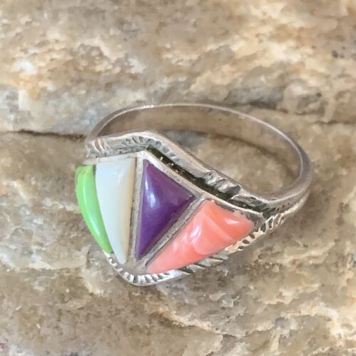 Navajo Multi-Color Gaspeite Sugilite Coral Mother of Pearl Inlay Ring | Sterling Silver | Sz 10.5 | 12397