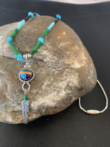 Girls Multi-Color Liquid Silver Heishi Pendant | Inlay | Sterling Silver Leaf Inlay | 02047