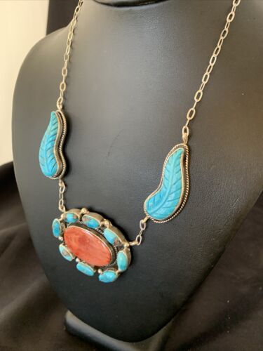 Navajo Red Spiny Oyster & Blue Turquoise Necklace | Sterling Silver | 21" | Authentic Native American Handmade | 2112
